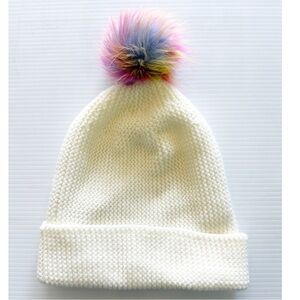 Knit Beanie Fuzzy Pom Pom Unicorn Colors Cream Fold Over Brim Pink Blue Ombré